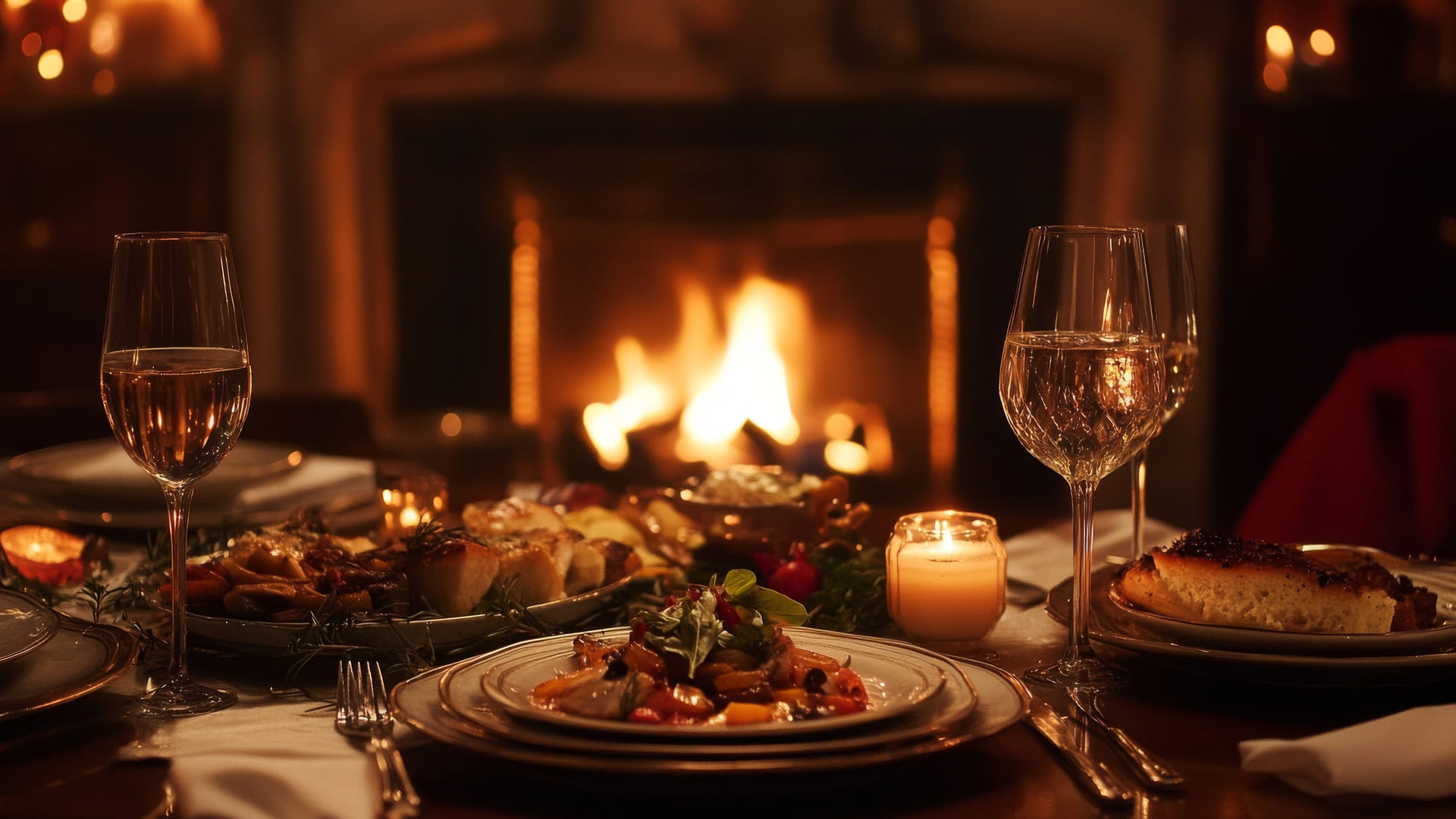 An elegant dinner set up with a fireplace at the back ground 