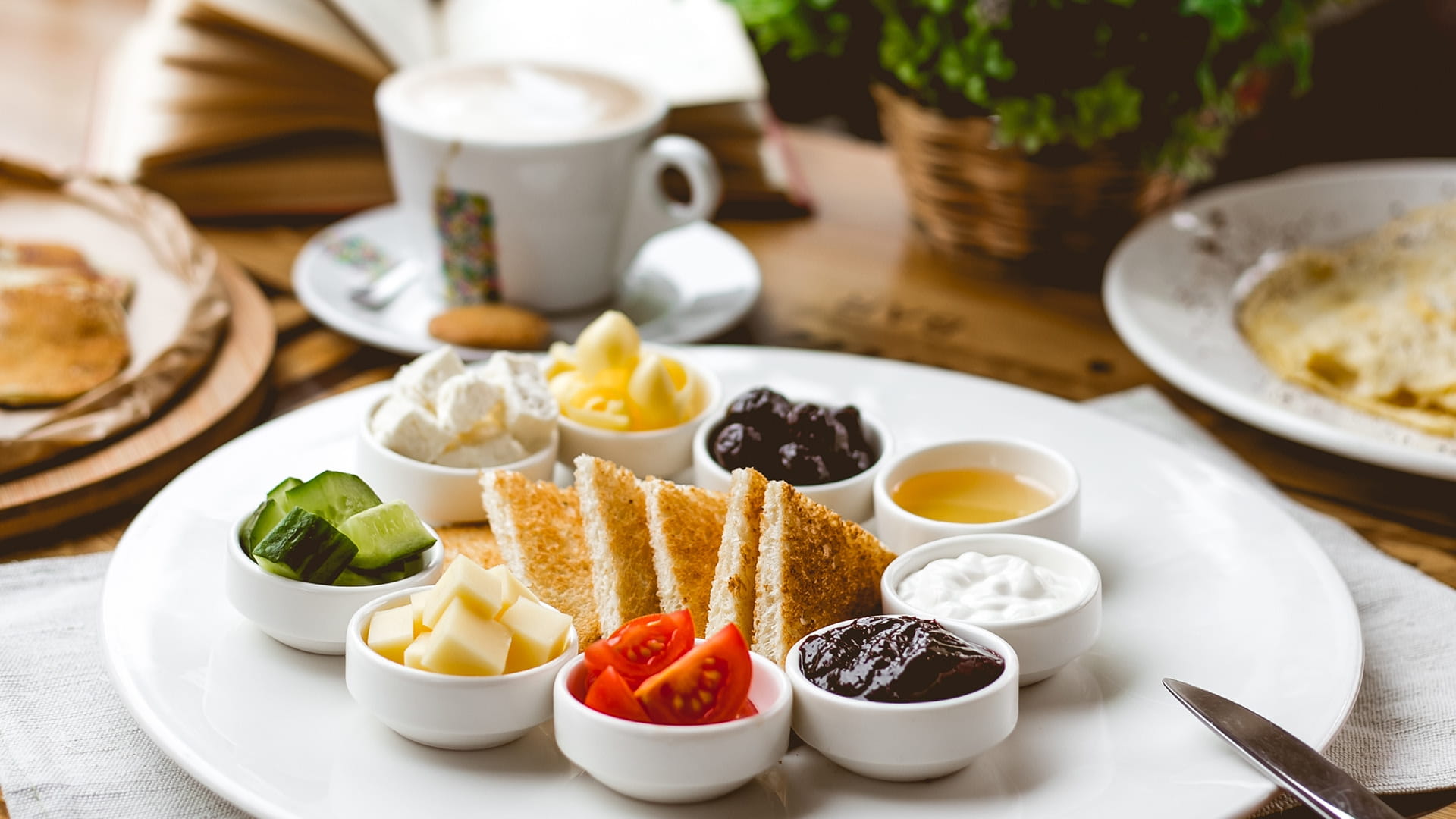 Toast and accompaniments served on a white plate