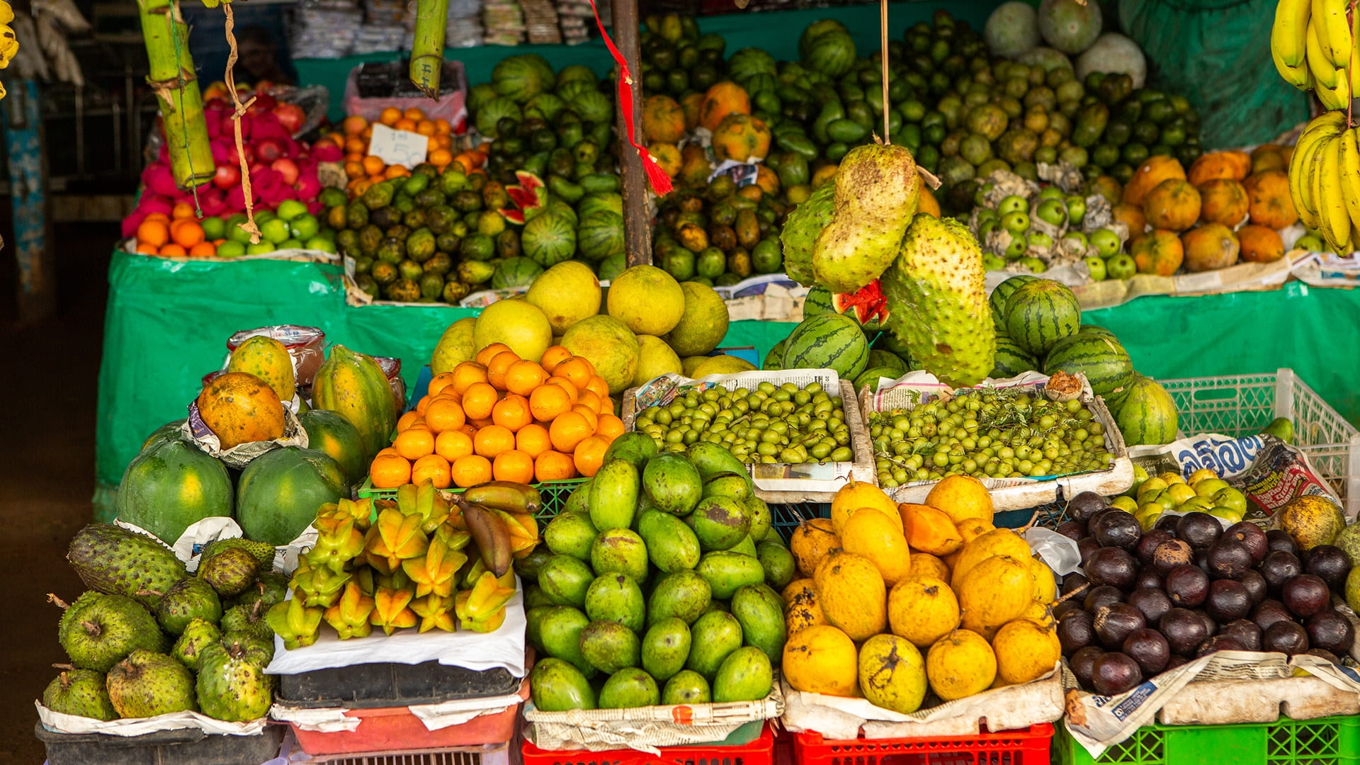 A colourful fruit stall laden with local fruits