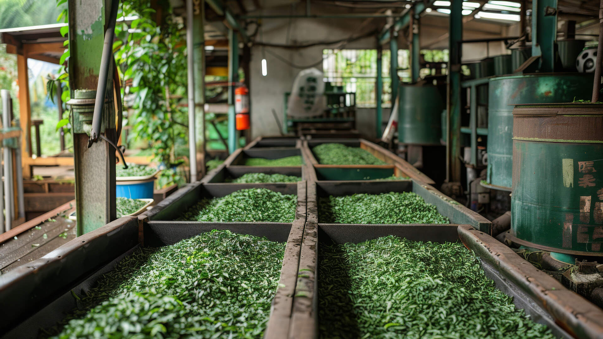 Tea leaves being processed at a tea factory